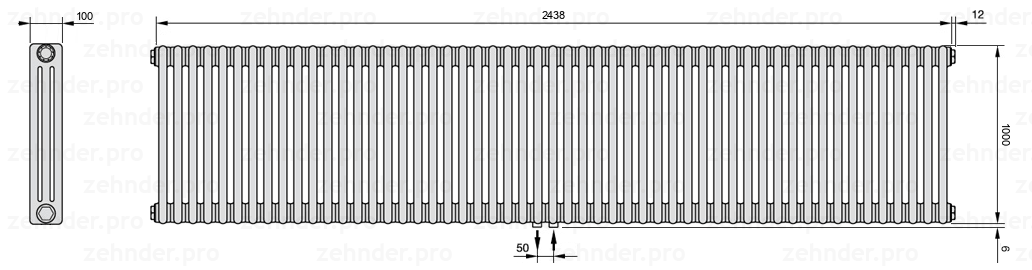 Схема (чертеж) Радиатор Zehnder Charleston 3100/53 №5410 Белый глянцевый RAL 9016